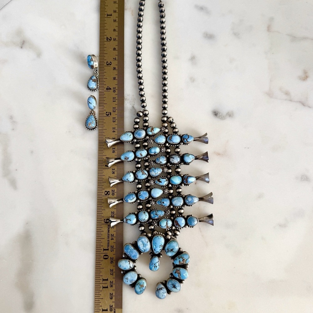 Navajo Squash Blossom Necklace Golden Hills Turquoise Signed Skeets Sterling - Picture 13 of 15